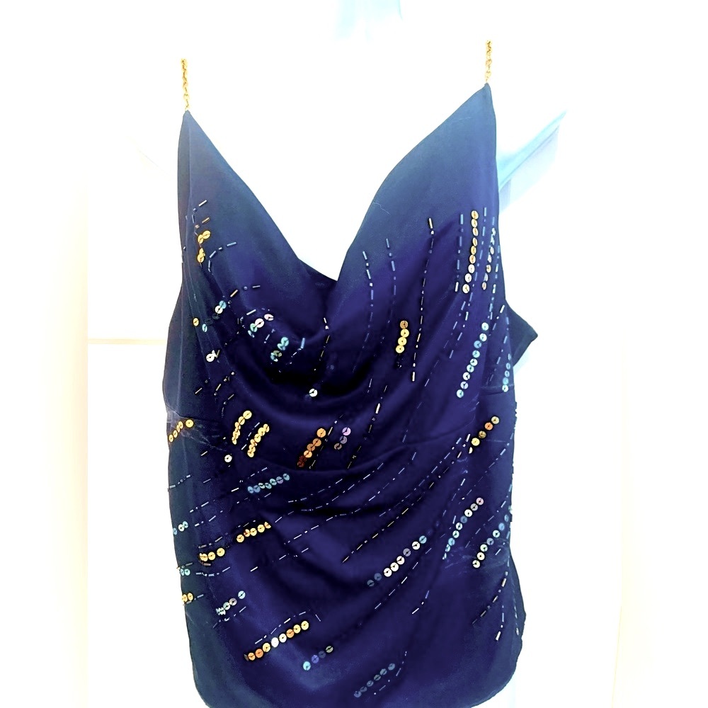GLAMOROUS DRAPED NECK CAMISOLE SEXY GOLD CHAIN SPAGHETTI STRAP GOLD/BLUE BEADED